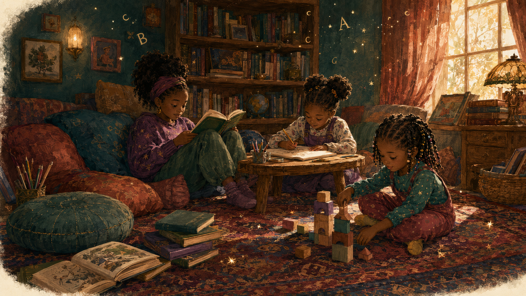 Three girls reading, drawing, and building together in a warm home library